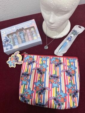 Disney Stitch Necklace, Stitch 5pc Lip Balm Set, Pen, & Travel Bag (free ship)